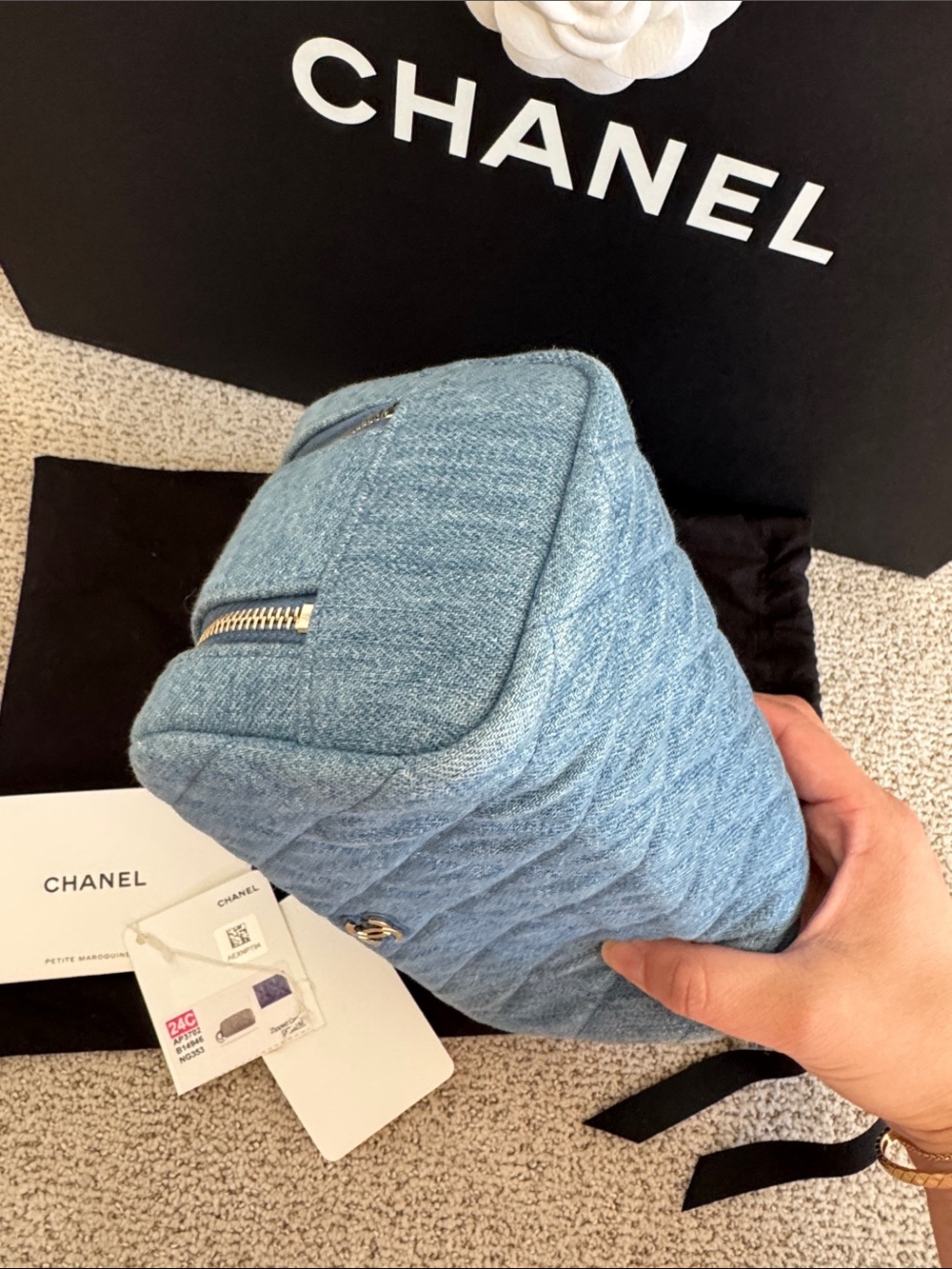 CHANEL Light Blue Quilted Denim Cosmetic Pouch with Chain Wristlet - Picture 5 of 8